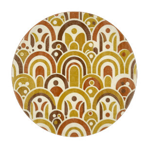 Retro 70er Senfgelb-braunes geometrisches Bogenmus Schneidebrett