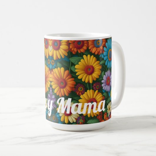 Retro 70er Stil farbenfrohe Daisis Groovy Mama Kaffeetasse (VorderseiteRechts)