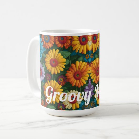 Retro 70er Stil farbenfrohe Daisis Groovy Mama Kaffeetasse (Vorderseite Links)