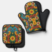 Retro 70er Stil farbenfrohe Gänse Ofenhandschuh & Topflappen-Set (Vorderseite/Rückseite)