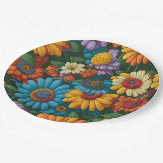 Retro 70er Stil farbenfrohe Gänse Pappteller (Schrägansicht)