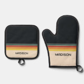 Retro 70er Streifen Personalisiert Ofenhandschuh & Topflappen-Set (Vorderseite)