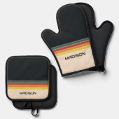Retro 70er Streifen Personalisiert Ofenhandschuh & Topflappen-Set (Vorderseite/Rückseite)