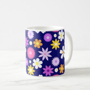 Retro 70er Style Blume Big Patches auf Dunkelblau Kaffeetasse