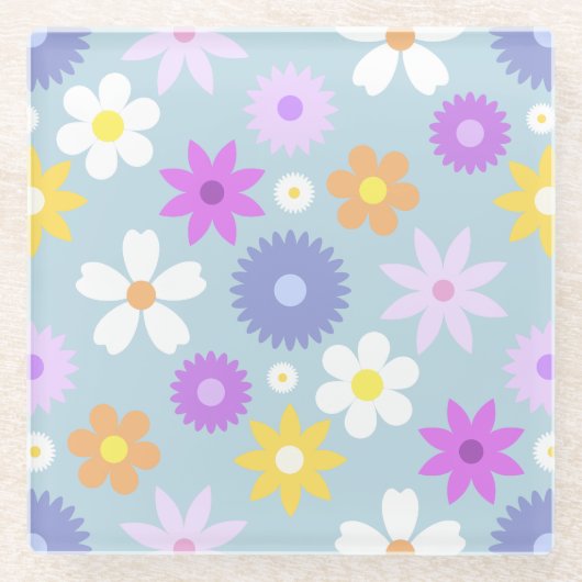 Retro 70er Style Blume Lg Muster Pastellfarben Glasuntersetzer (Vorderseite)