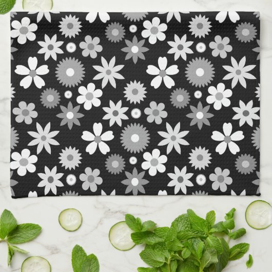 Retro 70er Style Blume Monochrome Muster Geschirrtuch (Gefaltet)