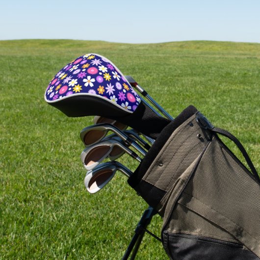 Retro 70er Style Blume Pattern auf Dunkelblau Golf Headcover (In SItu)