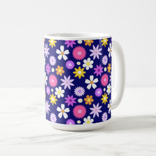 Retro 70er Style Blume Pattern auf Dunkelblau Kaffeetasse