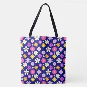 Retro 70er Style Blume Pattern auf Dunkelblau Tasche