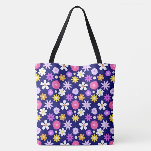 Retro 70er Style Blume Pattern auf Dunkelblau Tasche (Rückseite)