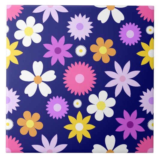 Retro 70er Style Blume Rpt Muster auf Dunkelblau Fliese (Vorderseite)