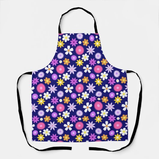 Retro 70er Style Blume Rpt Muster auf Dunkelblau Schürze (Vorderseite)