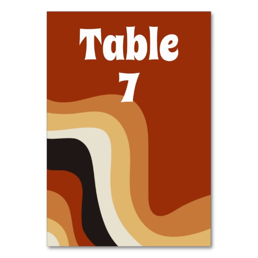 Retro 70er Wavy Burnt Orange Groovy Wedding Tischnummer (Vorderseite)