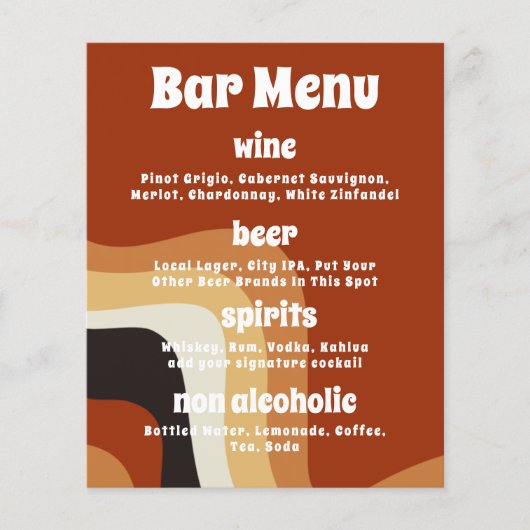Retro 70er Wedding Burnt Orange Bar Menu (Vorderseite)
