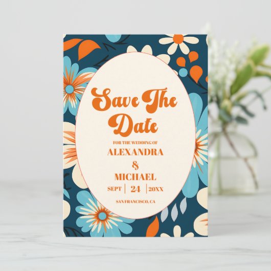 Retro 70er Wedding Save The Date (Stehend Vorderseite)