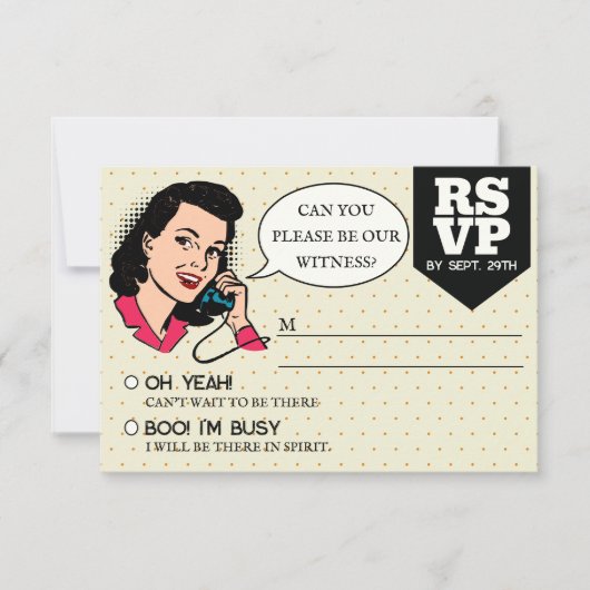 Retro 70's Comic Book Pop Art Fun Wedding RSVP Karte (Vorderseite)
