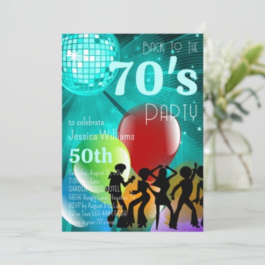 Retro 70's Disco Ball & Balloons Aquamarin Geburts Einladung (Stehend Vorderseite)