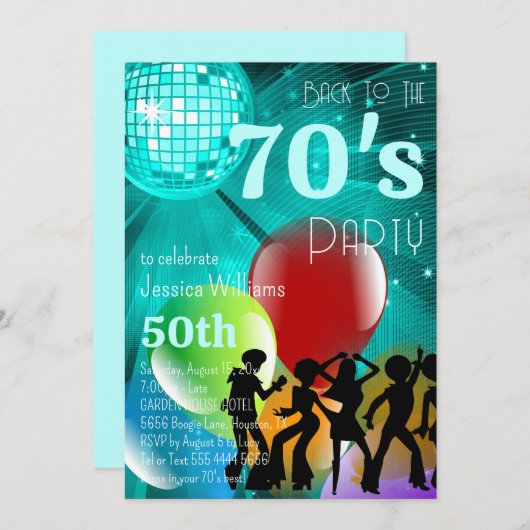 Retro 70's Disco Ball & Balloons Aquamarin Geburts Einladung (Vorne/Hinten)