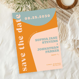 Retro 70s dusty blue orange pink wedding save the date