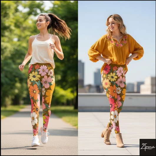 Retro 70s Floral Groovy Daisy Backdrop Brown Leggings