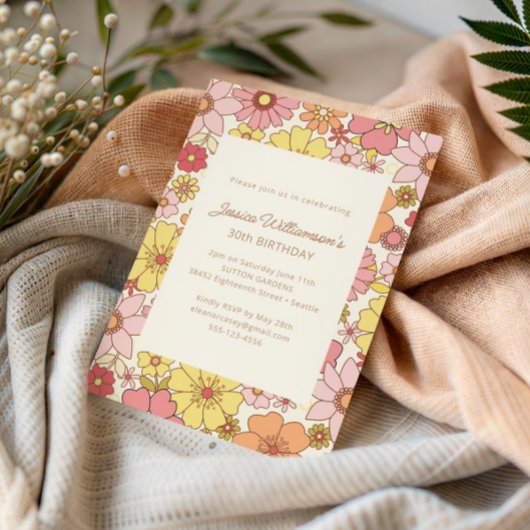 Retro 70s Groovy Floral Pink Yellow 30th Birthday Einladung