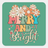 Retro 70's Merry and Bright Happy Blume Quadratischer Aufkleber (Vorderseite)