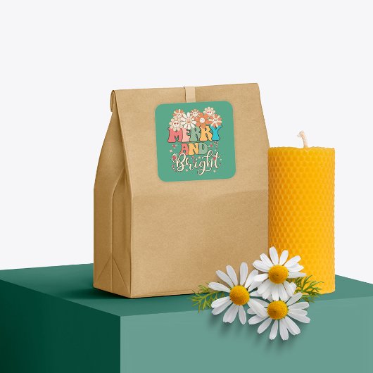 Retro 70's Merry and Bright Happy Blume Quadratischer Aufkleber