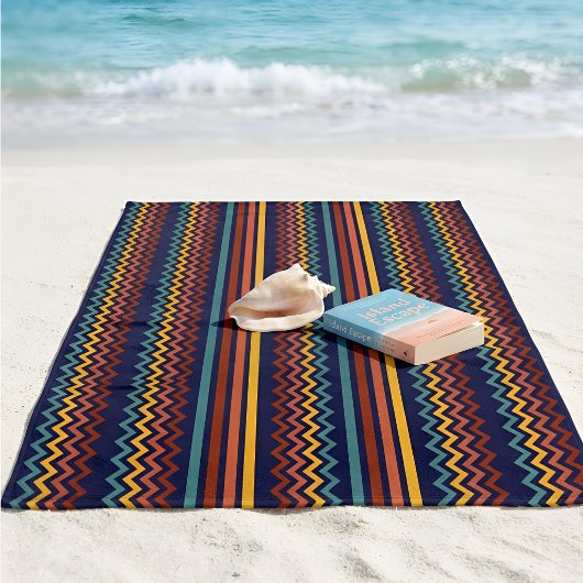 Retro 70s Navy Red & Yellow Geometric Stripe Strandtuch