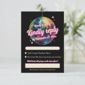 Retro 70's Party Disco Ball Sparkle Glam Wedding RSVP Karte (Stehend Vorderseite)