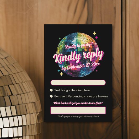 Retro 70's Party Disco Ball Sparkle Glam Wedding RSVP Karte