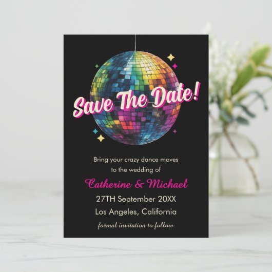 Retro 70's Party Disco Ball Sparkle Save The Date (Stehend Vorderseite)