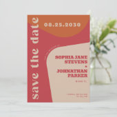 Retro 70s red orange beige wedding save the date (Stehend Vorderseite)
