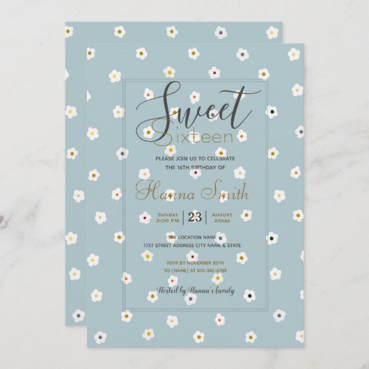 Retro 70's White Daisy Blume Boho Blue Design Einladung (Vorne/Hinten)