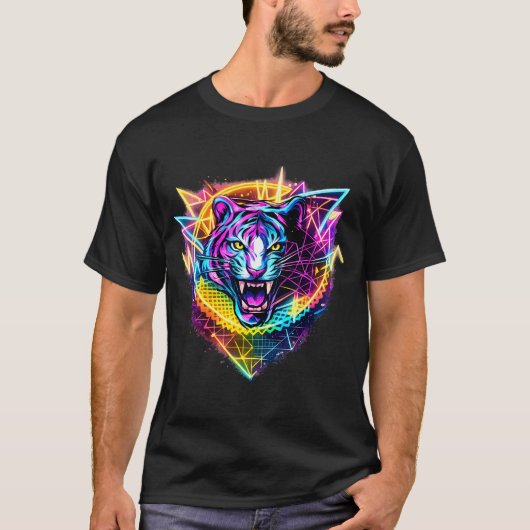 Retro 80er 90er Tiger mit geometrischem Synthwave T-Shirt (Vorderseite)
