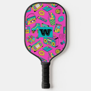 Retro 80er 90s Neon Pink Farbiges Muster Monogramm Pickleball Schläger