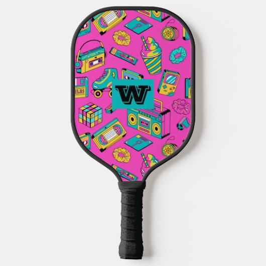 Retro 80er 90s Neon Pink Farbiges Muster Monogramm Pickleball Schläger (Rückseite)