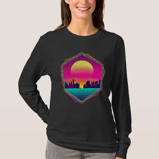Retro 80er Ästhetische 90er Art Skyline Sunset Vap T-Shirt (Vorderseite)