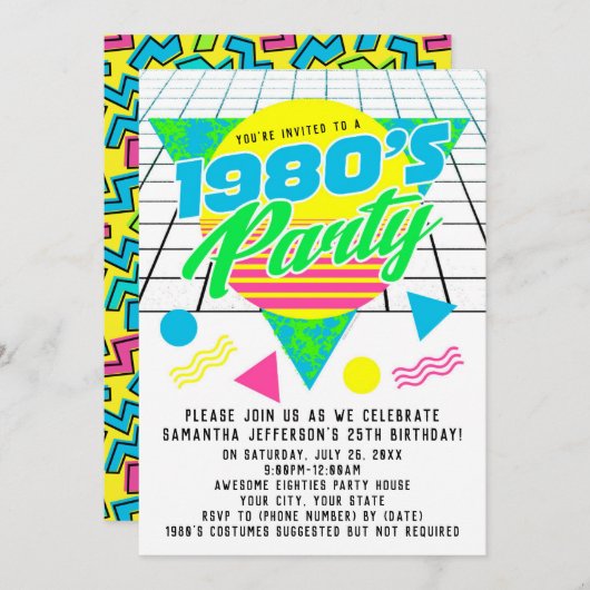 Retro 80er Birthday Party, farbenfroh geometrisch Einladung (Vorne/Hinten)