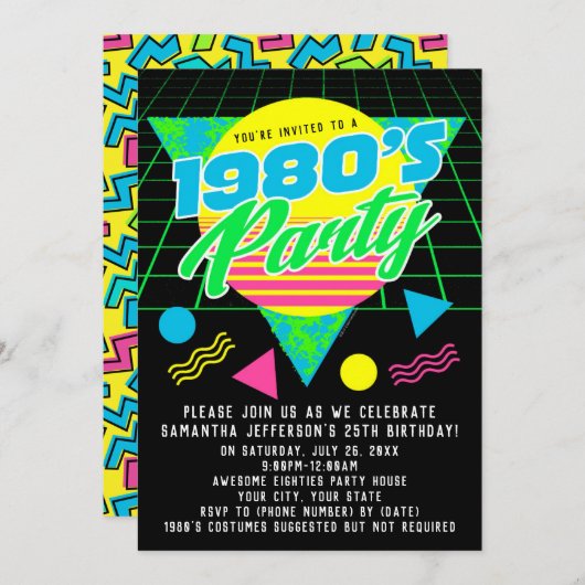 Retro 80er Birthday Party, farbenfroh geometrisch Einladung (Vorne/Hinten)