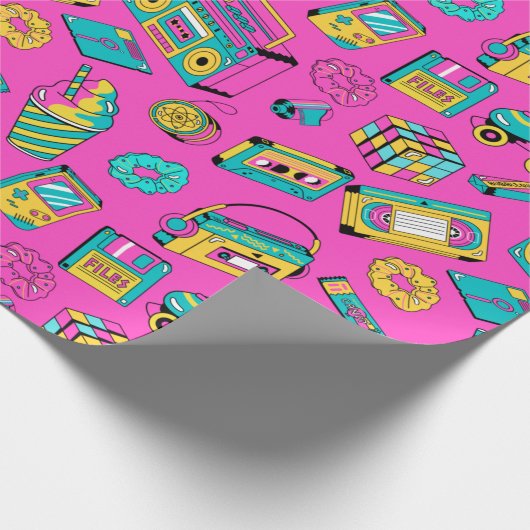 Retro 80er Fun Neon Pink Bright Music Pattern Girl Geschenkpapier (Ecke)