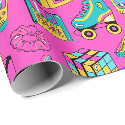 Retro 80er Fun Neon Pink Bright Music Pattern Girl Geschenkpapier (Rolleneckpunkt)