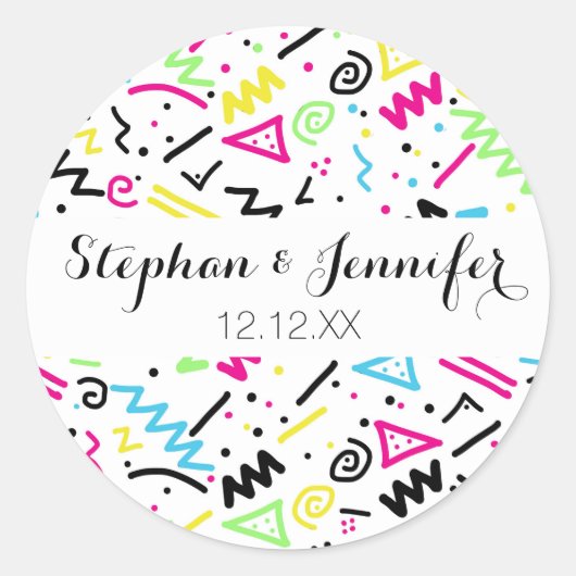 Retro 80er Jahre Neon Pink Green Blue Yellow Doodl Runder Aufkleber (Vorderseite)