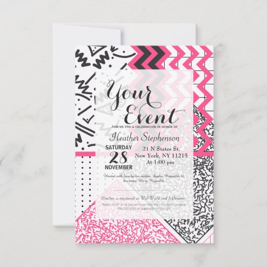 Retro 80er Jahre Neon Pink Schwarz-weiße Schriften Einladung (Vorderseite)