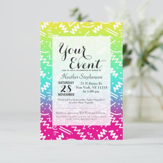 Retro 80er Jahre Neon Rainbow Sketched Doodle Einladung (Stehend Vorderseite)