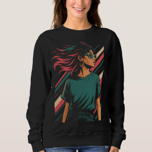 Retro-80er-Jahre-Stilvolle-Frau-Grafik-T-Shirt V Sweatshirt