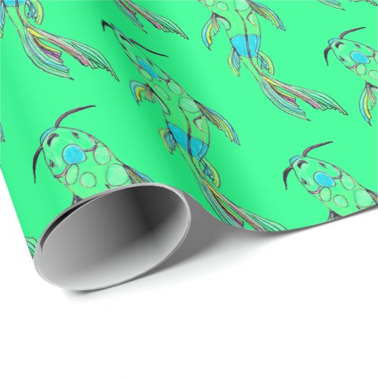 Retro 80er Koi Fish Wrapping Paper Neon Green Geschenkpapier (Rolleneckpunkt)