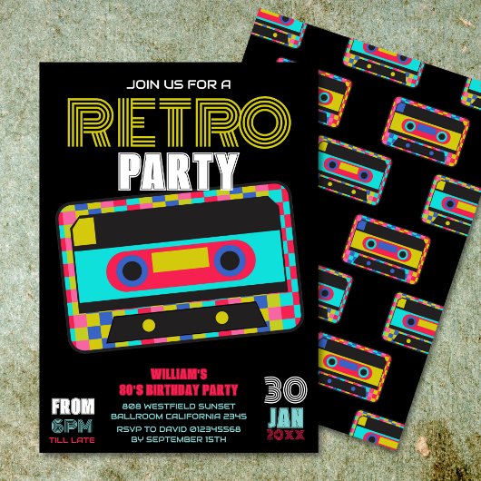 Retro 80er Neon Cassette Tape Birthday Dance Party Einladung