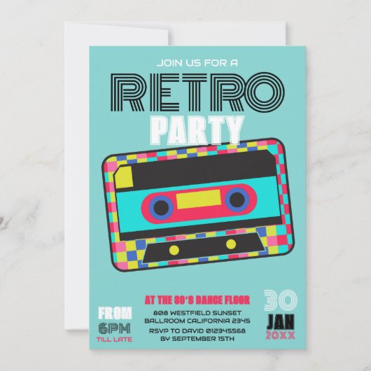 Retro 80er Neon Cassette Tape Dance Party Einladung (Vorderseite)