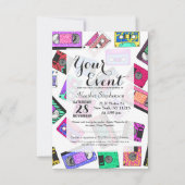 Retro 80er Neon-Gemusterte Kassetten Einladung (Vorderseite)