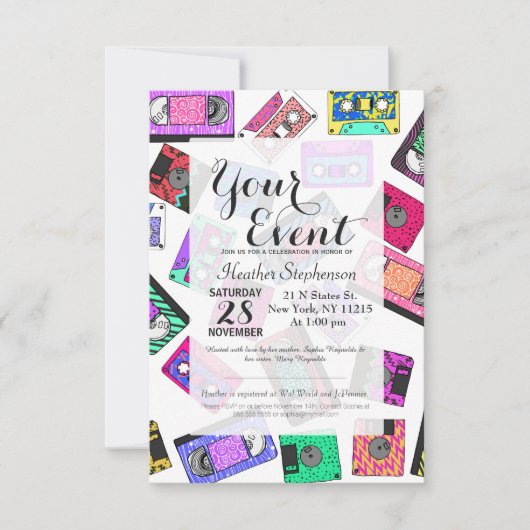 Retro 80er Neon-Gemusterte Kassetten Einladung (Vorderseite)